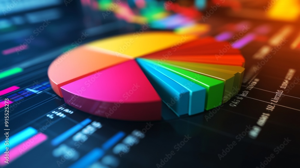 Poster a colorful pie chart on a computer screen, showing different market segments with clear labels and p