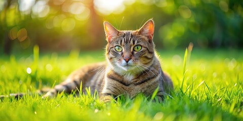 Cat relaxing on vibrant green grass , cat, feline, grass, relaxing, nature, outdoors, green, cute,...