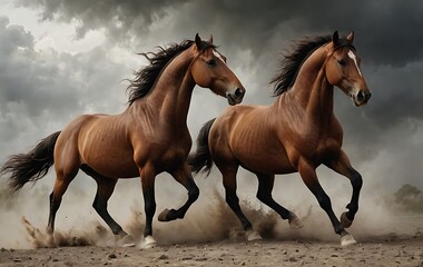 Two brown horses running through a field with a cloudy sky.