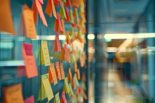 Post it notes on the wall with it team meeting in background
