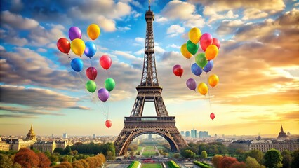 Colorful balloons floating in front of the Eiffel Tower in Paris, Balloons, Eiffel Tower, Paris, France