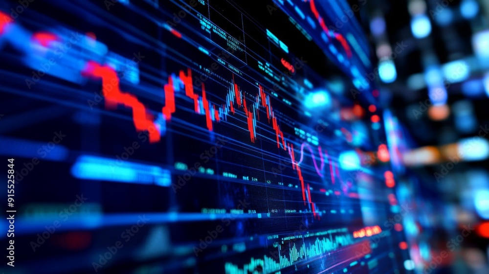 Aufkleber a computer monitor displaying a real-time stock chart with fluctuating prices and volumes, indicatin