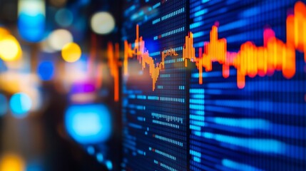A computer monitor displaying a real-time stock chart with fluctuating prices and volumes, indicating live market activity.
