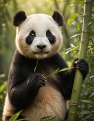 Naklejka premium Cute Panda Eating Bamboo in a Lush Forest.