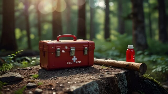 A red medicine box is in the middle of the forest. First aid for people who need help. Seamless 4K looping timelapse video animation generated AI