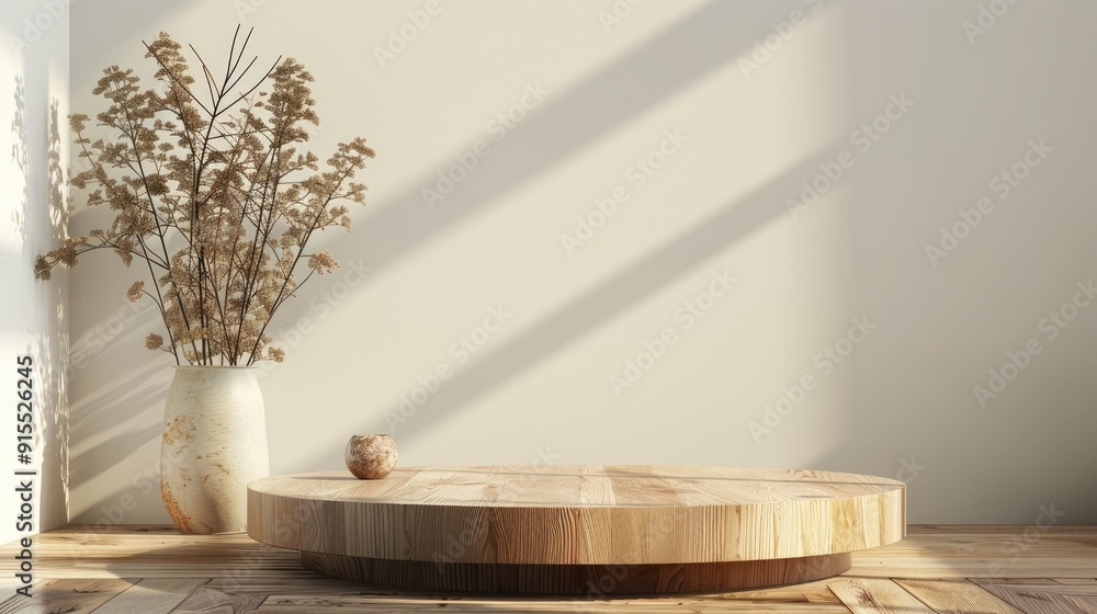 Wall mural wooden podium placed on living room table with empty space