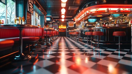 Vibrant diner interior featuring iconic decor, sleek bar, and checkered floor, perfect for nostalgic dining experiences.