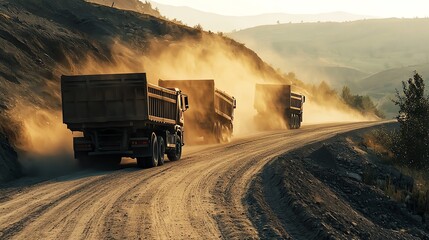 Dusty trucks navigate a rugged road, showcasing the challenges of transportation in an industrial landscape.