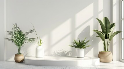Fototapeta premium Minimalist White Room Interior with Plants and Sunlight
