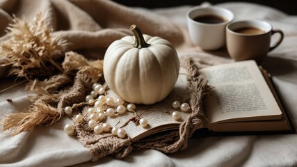Cozy autumn pumpkin book relax chill at home a serene and comforting atmosphere. halloween