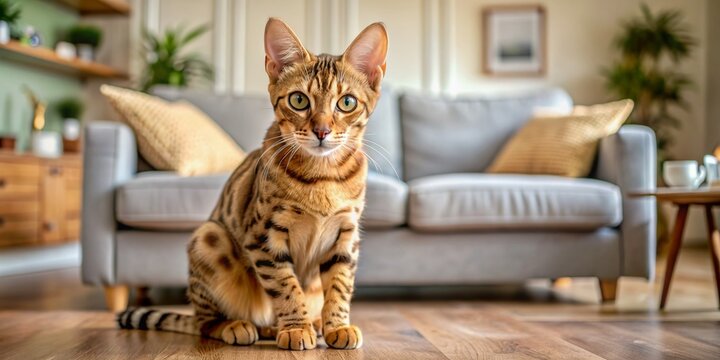 Adorable ocicat with vibrant coat crouches on floor, showcasing playful personality against warm, inviting living room backdrop with soft couch and rustic decor.