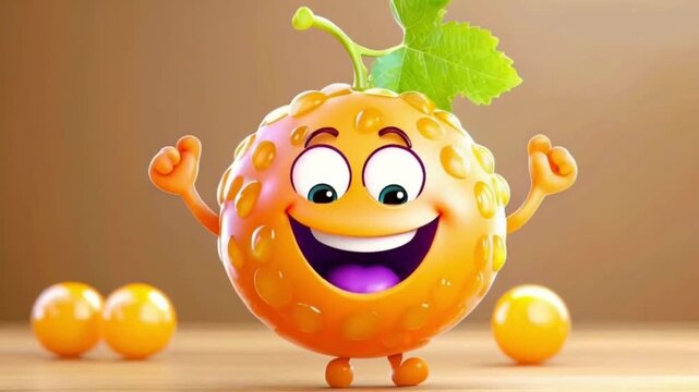 Cheerful cartoon Grape character with cute smile. Sweet orange fruit, happy funny food personage. Healthy food concept High quality HD 4K video