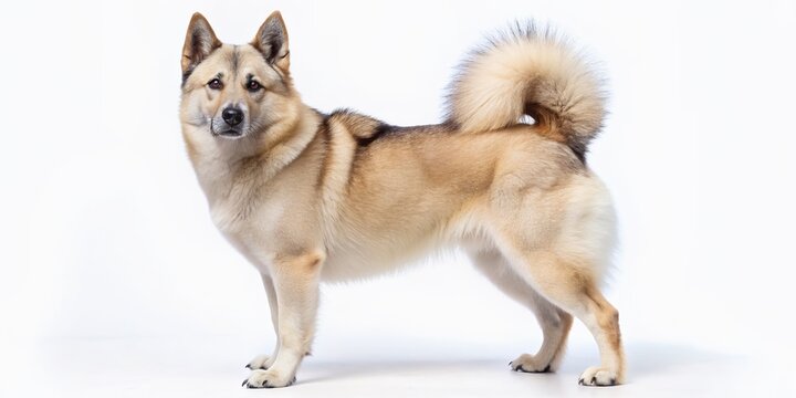 A beautifully lit, isolated, and razor-sharp Norwegian buhund dog stands against a pristine white background, showcasing its wolf-like features and curled tail.