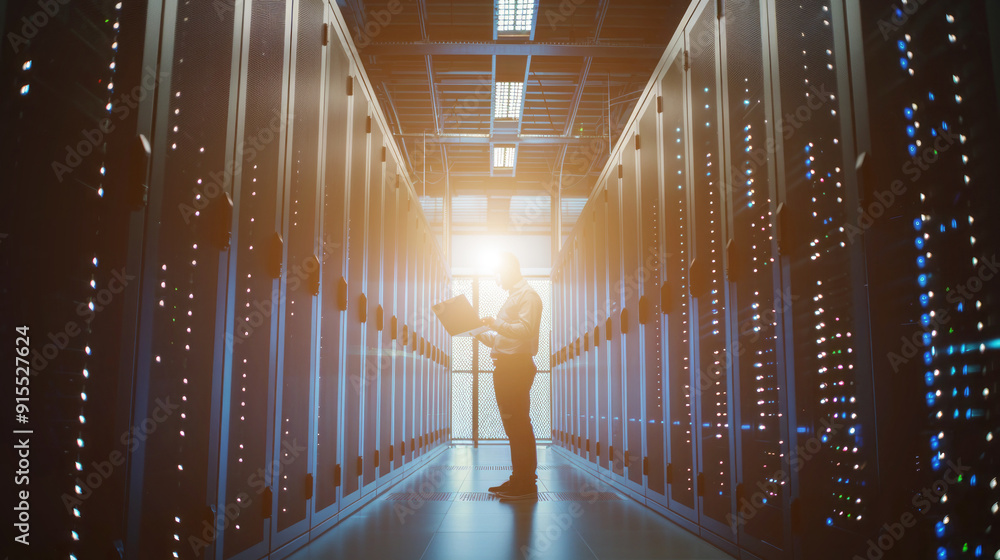 Poster A man is standing in a large room with many computer servers