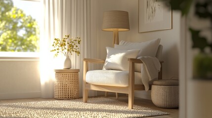 A cozy living room corner featuring a comfortable armchair, side table with a lamp, and a soft, woven rug.