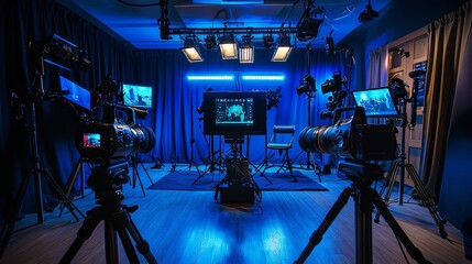 A dynamic studio setup featuring multiple cameras, lighting equipment, and screens, perfect for video production and photography.