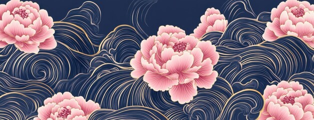 Chinese style background mural, wave pattern with pink peonies