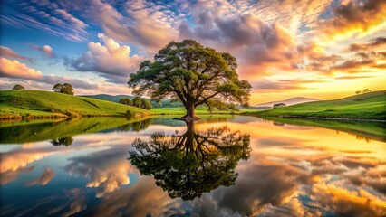 Majestic oak tree reflecting in serene lake at sunset with rolling hills and vibrant sky, majestic, oak tree