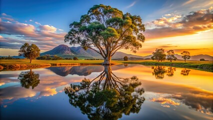 Majestic eucalyptus tree at sunset reflected in tranquil pond with scenic mountain background , eucalyptus, tree, sunset