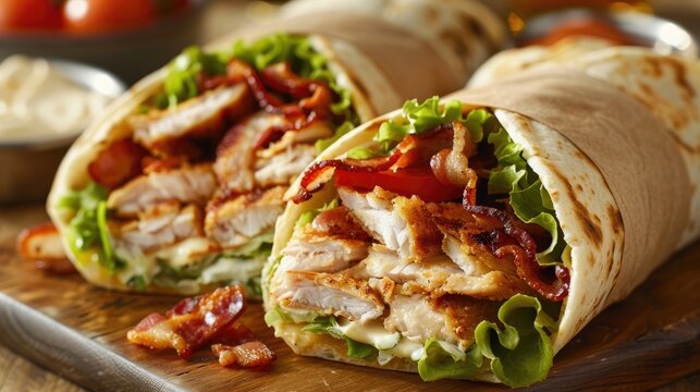 Crispy chicken bacon ranch wrap with lettuce and tomato
