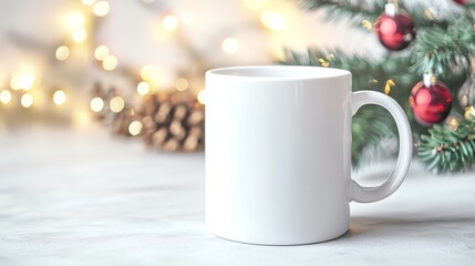 Obraz premium A blank white mug displayed on a marble surface surrounded by festive decorations and Christmas lights, perfect for seasonal designs.