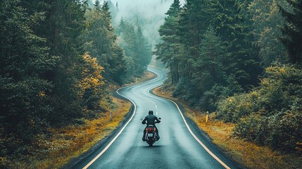A solitary motorcyclist rides along a winding road surrounded by lush green forests, evoking adventure and freedom.