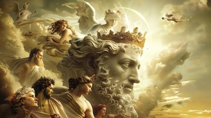 Greek gods surround their powerful leader, showcasing divine relationships in a stunning celestial environment