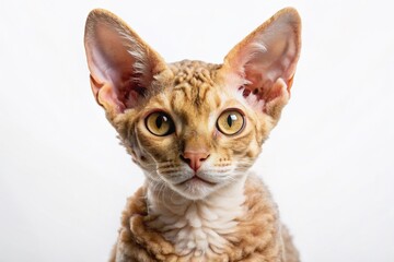 Obraz premium Curly-haired Devon Rex cat with large ears and almond-shaped eyes poses on a pure white background, showcasing its unique, curly, and soft fur texture.