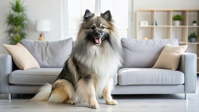Adorable keeshond dog with fluffy gray and black fur sits on a sleek couch in a bright, modern living room with minimalist decor.