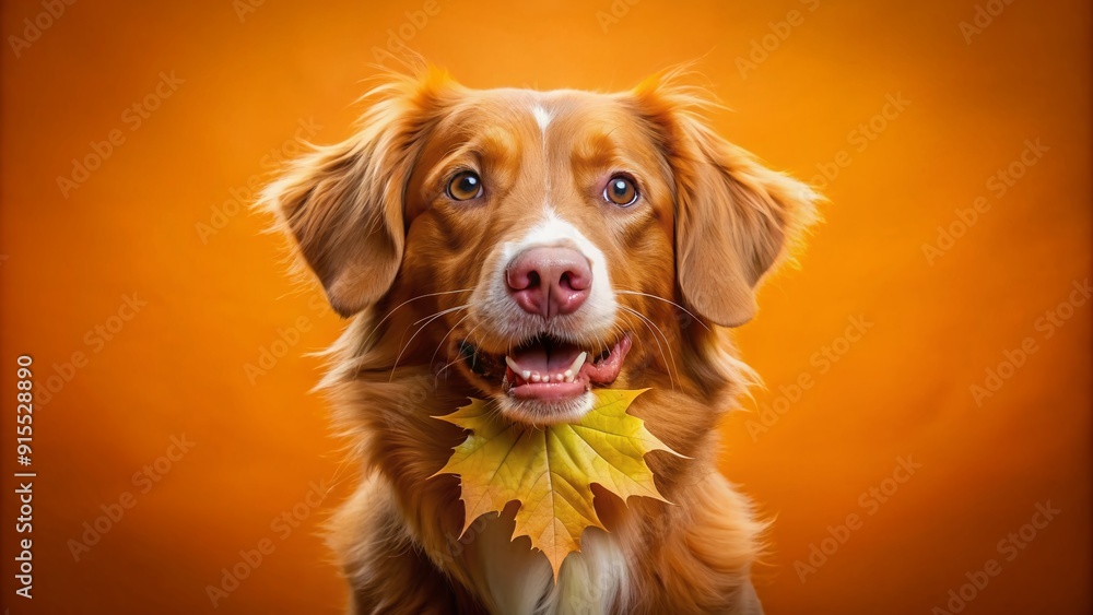 Poster Vibrant orange backdrop showcases a joyful Nova Scotia duck tolling retriever dog proudly holding a freshly fallen leaf in its mouth, eyes shining bright.