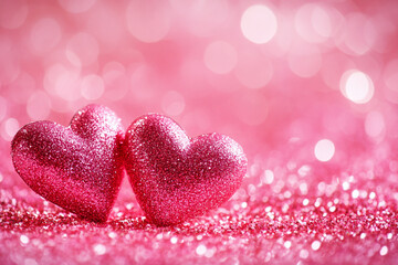 Fototapeta premium Two Hearts On Pink Glitter In Shiny Background Valentine
