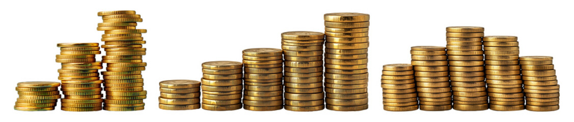Collection Piles money gold coins of gleaming with isolated against transparent background. Banking and financial concept