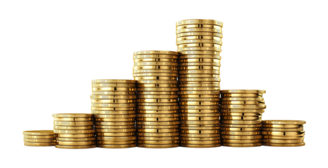 Piles money gold coins of gleaming with isolated against transparent background. Banking and financial concept
