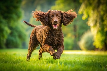 Fototapeta premium Energetic Irish Water Spaniel dog runs freely on lush green grass, its curly liver-colored coat shining in sunlight, showcasing joyful canine athleticism outdoors.