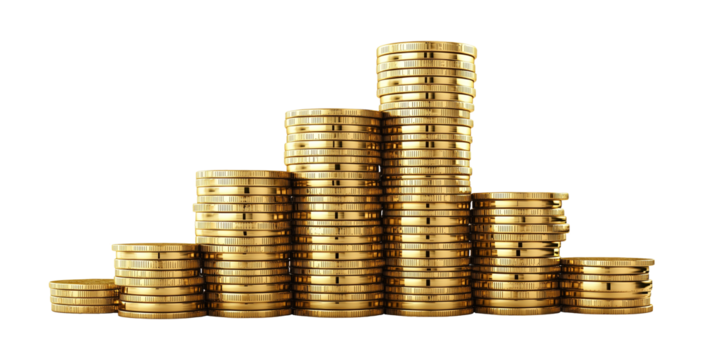 Piles money gold coins of gleaming with isolated against transparent background. Banking and financial concept