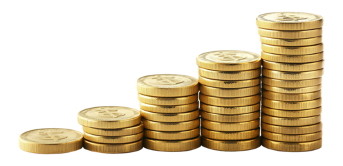 Piles money gold coins of gleaming with isolated against transparent background. Banking and financial concept