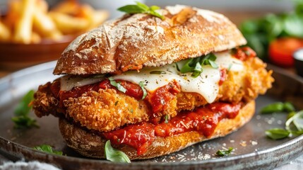 Crispy chicken parmesan sandwich with marinara and mozzarella