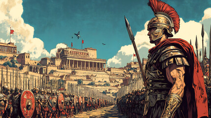 Ancient Rome Soldiers Marching buildings Blue Sky Clouds