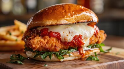 Crispy chicken parmesan sandwich with marinara and mozzarella