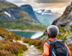  close up of an Elderly woman hiking on a mountain trail in norway 