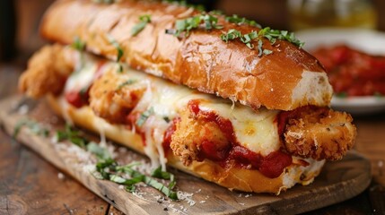 Crispy chicken parmesan sub with melted mozzarella and marinara