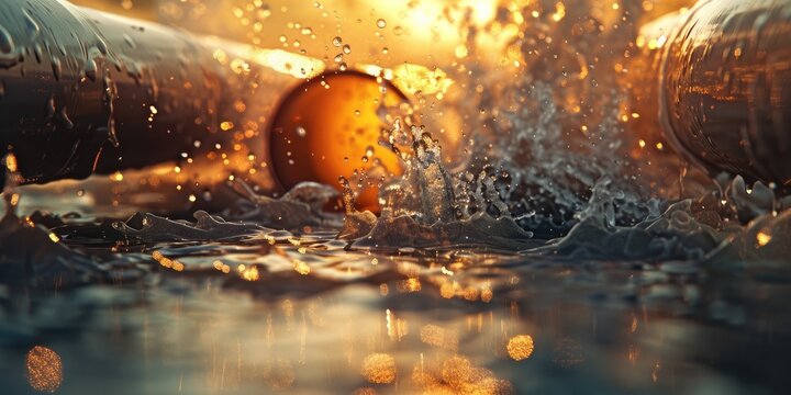 PVC water pipe bursting with leakage on ground representing disruptive explosion and chaotic water spraying requiring plumbing construction fixing