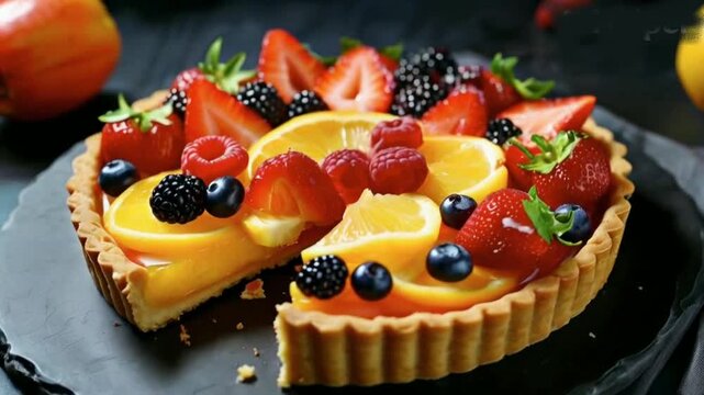 a fruit tart with a slice cut out of it High quality HD 4K video clips 