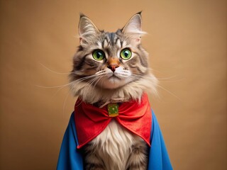 Adorable LaPerm cat dons colorful superhero attire, complete with cape and mask, posing confidently against a soft, neutral beige studio background.