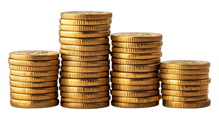 Piles money gold coins of gleaming with isolated against transparent background. 