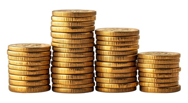 Piles money gold coins of gleaming with isolated against transparent background. 