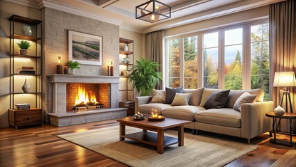 Warm and cozy living room interior with a fireplace, comfy sofa, and natural light, home, house, interior design