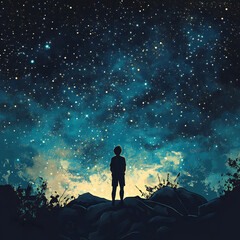 Person silhouette looking at sky at night stars blue vibrant lofi boy 