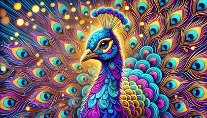 Fototapeta premium A colorful, abstract watercolor painting of a peafowl