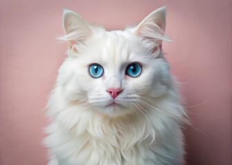 Adorable Turkish Angora cat with bright blue eyes and fluffy white fur gazing directly at camera on a soft, calming pastel-colored isolated background.